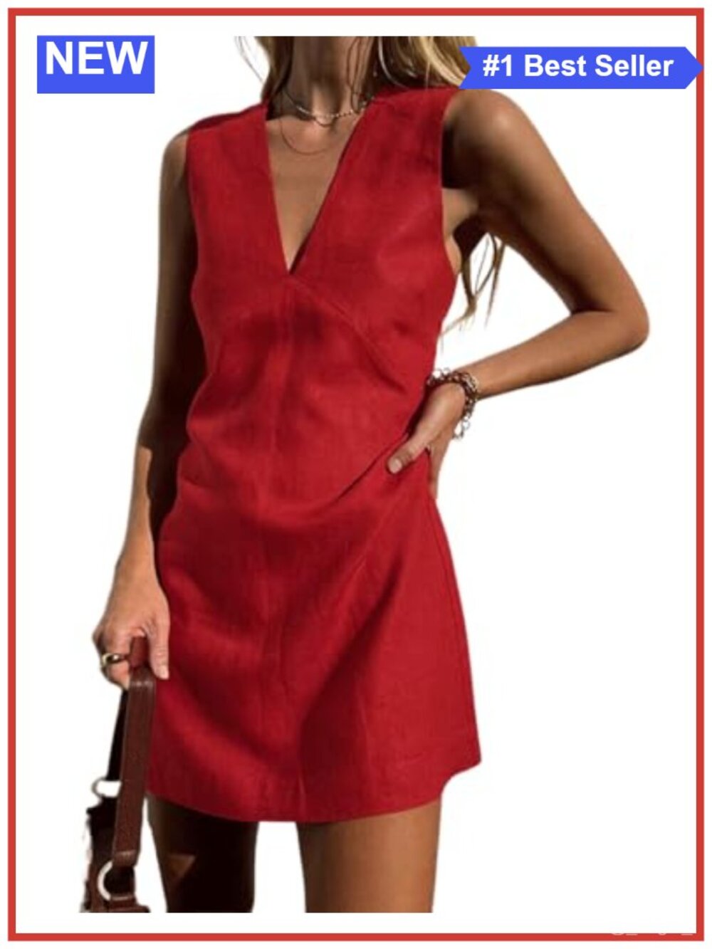 Sleeveless Mini Dress Cotton Linen V Neck Cinched A Line